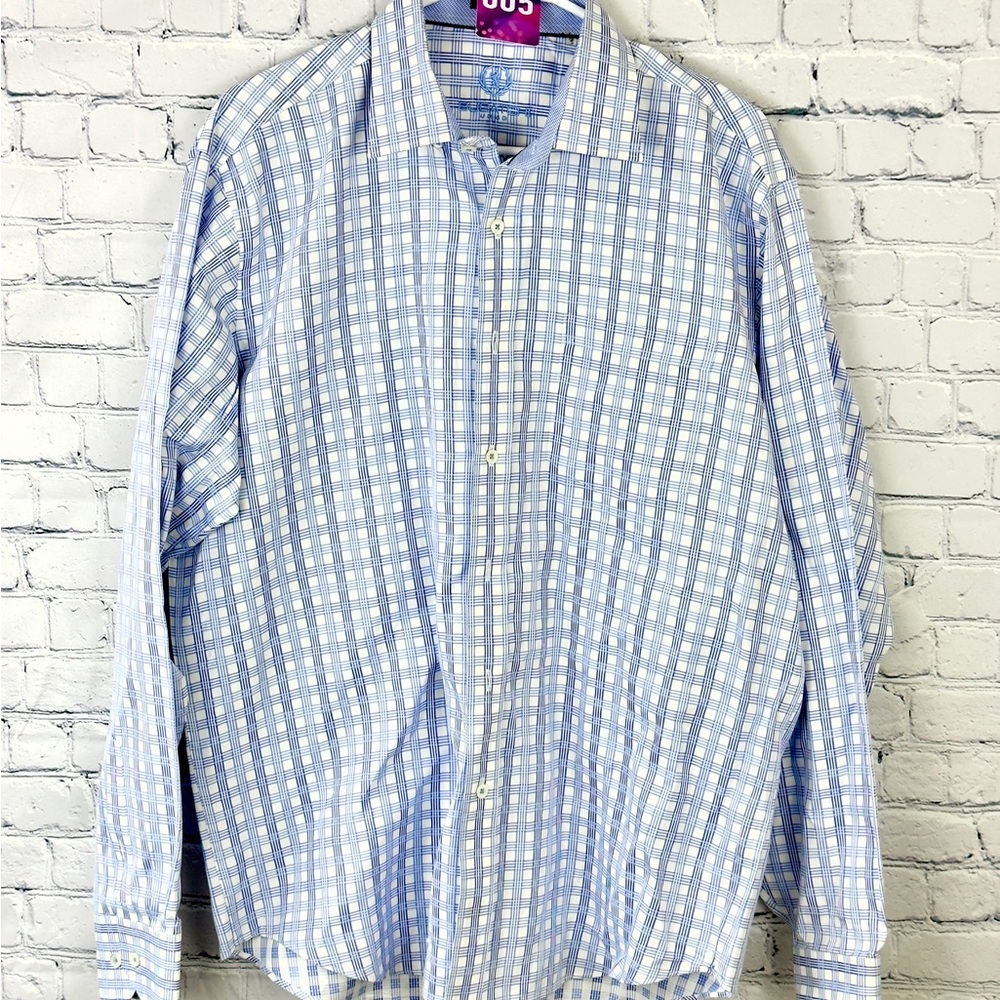 Bugatchi Uomo Button Up Mens Fits Sz Large Starched Blue/white Plaid Preppy - Picture 1 of 4
